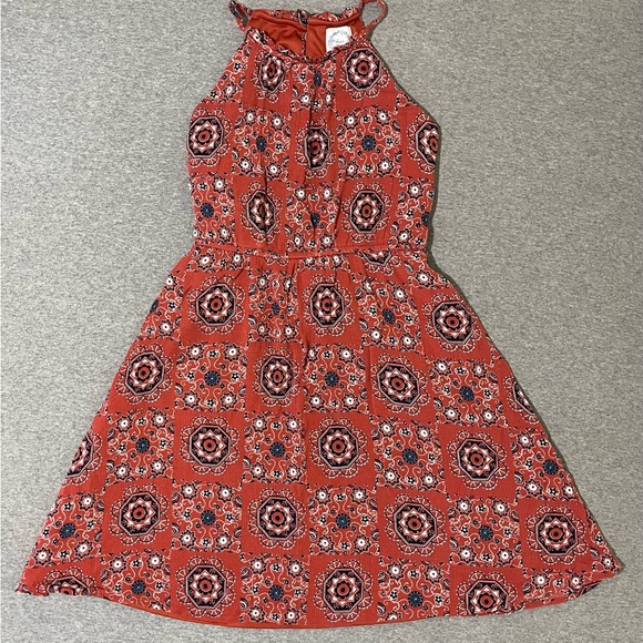 Blue Rain Other - ☔️ Blue Rain Halter Dress~Juniors’ Sz 14~Red/Orange w/ Navy & White Boho Design